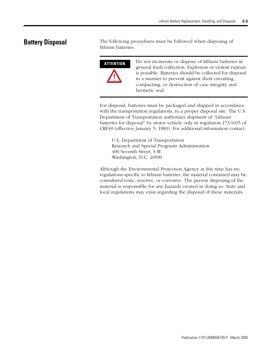 Battery disposal | Rockwell Automation 1747-KE,D17476.12 DH-485/RS-232C Interface Module User Manual | Page 129 / 139