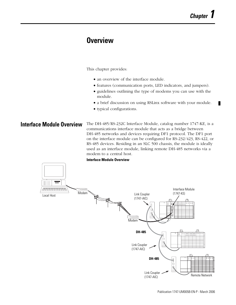 1 - overview, Overview, Interface module overview | Chapter 1, Interface module overview -1, Chapter | Rockwell Automation 1747-KE,D17476.12 DH-485/RS-232C Interface Module User Manual | Page 13 / 139