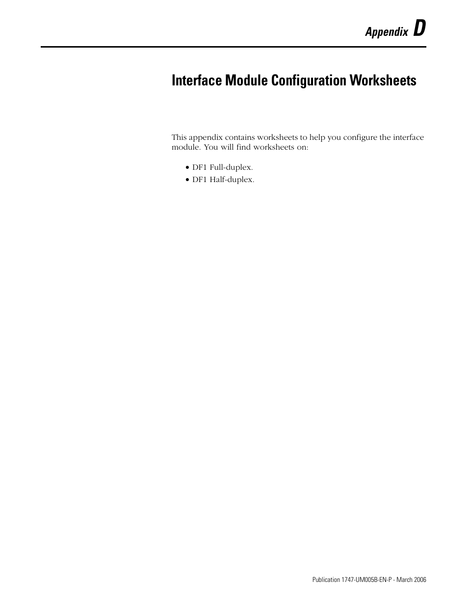 D - interface module configuration worksheets, Interface module configuration worksheets, Appendix d | Rockwell Automation 1747-KE,D17476.12 DH-485/RS-232C Interface Module User Manual | Page 131 / 139