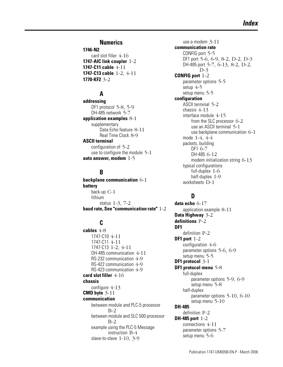 Index, Numerics | Rockwell Automation 1747-KE,D17476.12 DH-485/RS-232C Interface Module User Manual | Page 135 / 139