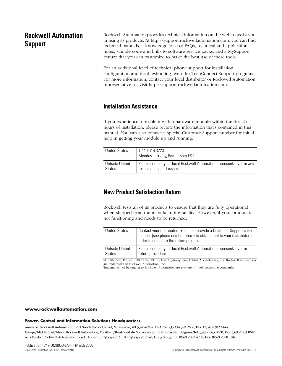 Back cover, Rockwell automation support, Installation assistance | New product satisfaction return | Rockwell Automation 1747-KE,D17476.12 DH-485/RS-232C Interface Module User Manual | Page 139 / 139