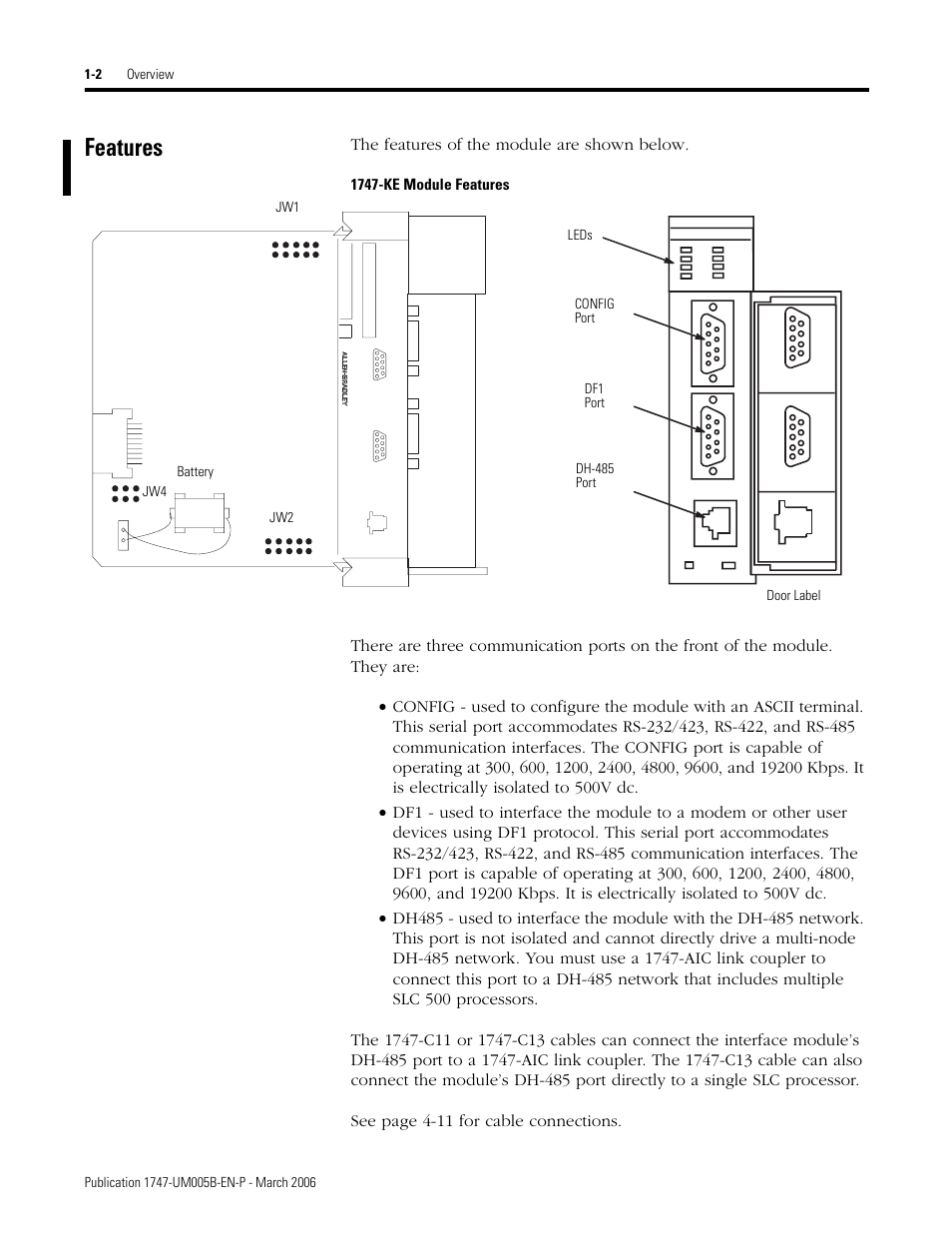 Features, 1747-ke module features, Features -2 | The features of the module are shown below | Rockwell Automation 1747-KE,D17476.12 DH-485/RS-232C Interface Module User Manual | Page 14 / 139