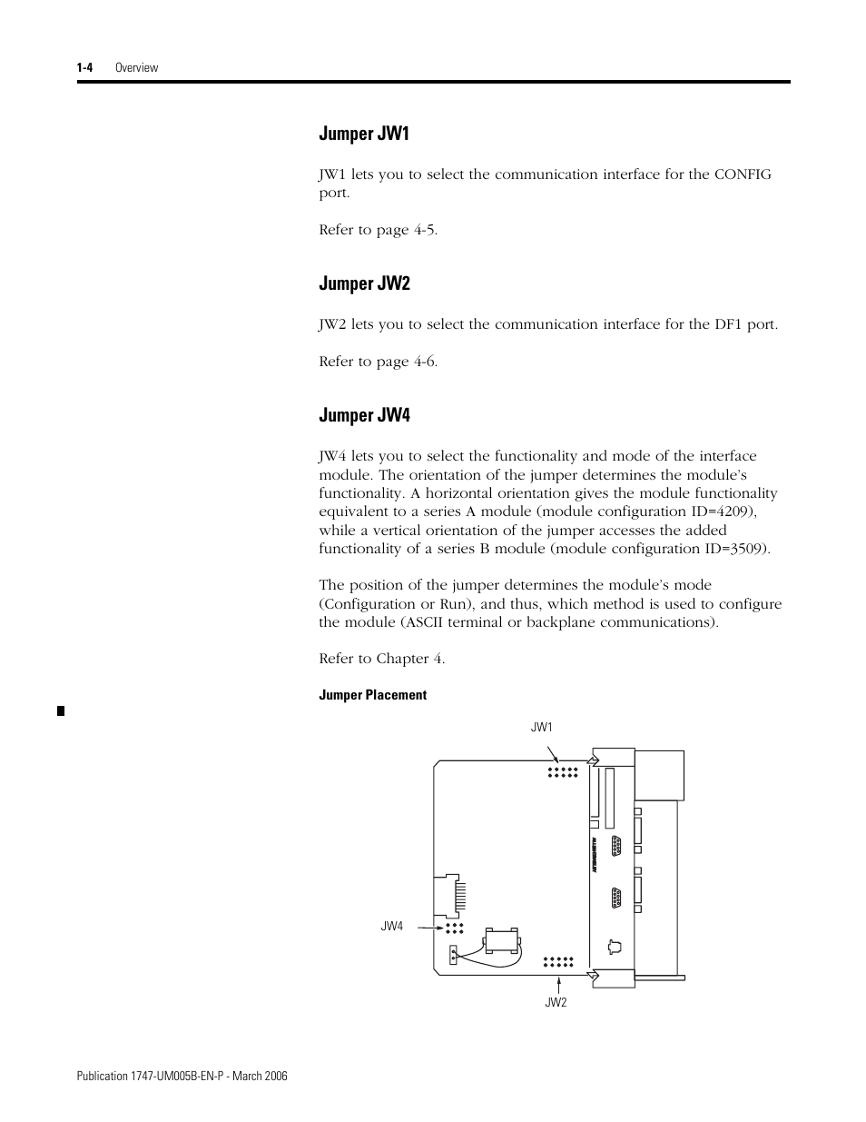 Jumper placement, Jumper jw1 -4 jumper jw2 -4 jumper jw4 -4, Jumper jw1 | Jumper jw2, Jumper jw4, Jw1 jw2 jw4 | Rockwell Automation 1747-KE,D17476.12 DH-485/RS-232C Interface Module User Manual | Page 16 / 139