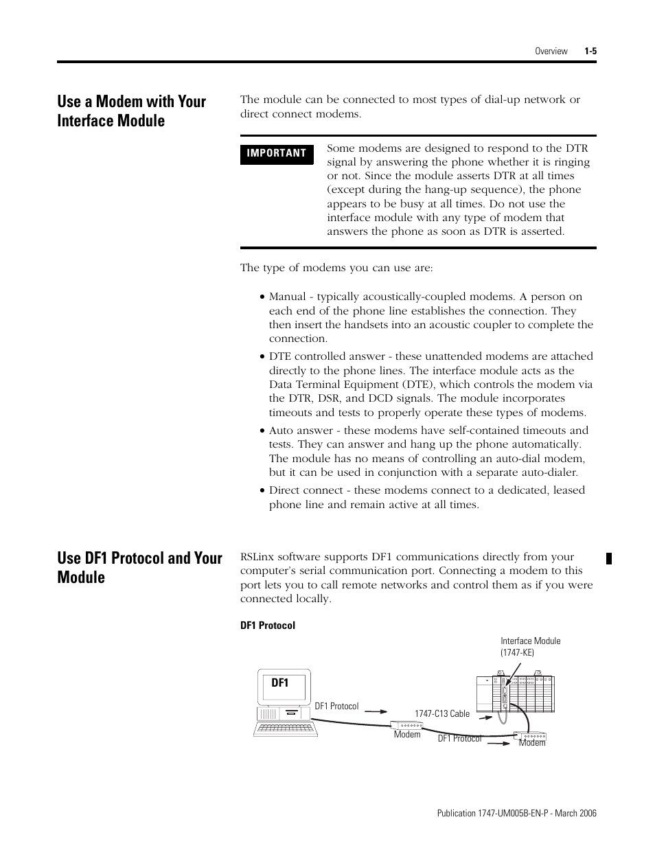 Use a modem with your interface module, Use df1 protocol and your module, Df1 protocol | Rockwell Automation 1747-KE,D17476.12 DH-485/RS-232C Interface Module User Manual | Page 17 / 139