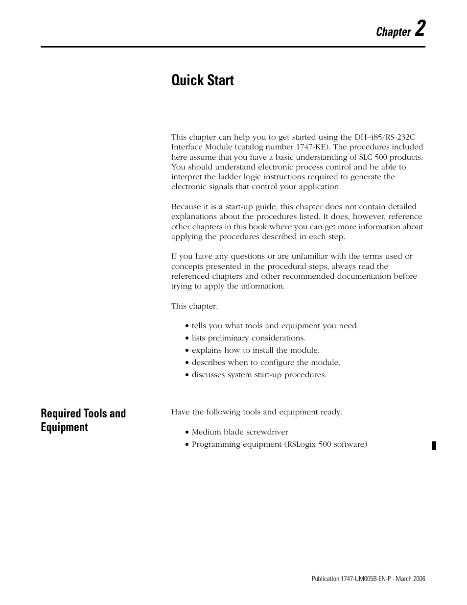 2 - quick start, Quick start, Required tools and equipment | Chapter 2, Required tools and equipment -1 | Rockwell Automation 1747-KE,D17476.12 DH-485/RS-232C Interface Module User Manual | Page 23 / 139