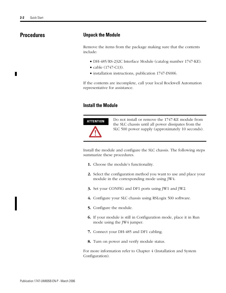 Procedures, Procedures -2, Unpack the module -2 install the module -2 | Unpack the module, Install the module | Rockwell Automation 1747-KE,D17476.12 DH-485/RS-232C Interface Module User Manual | Page 24 / 139