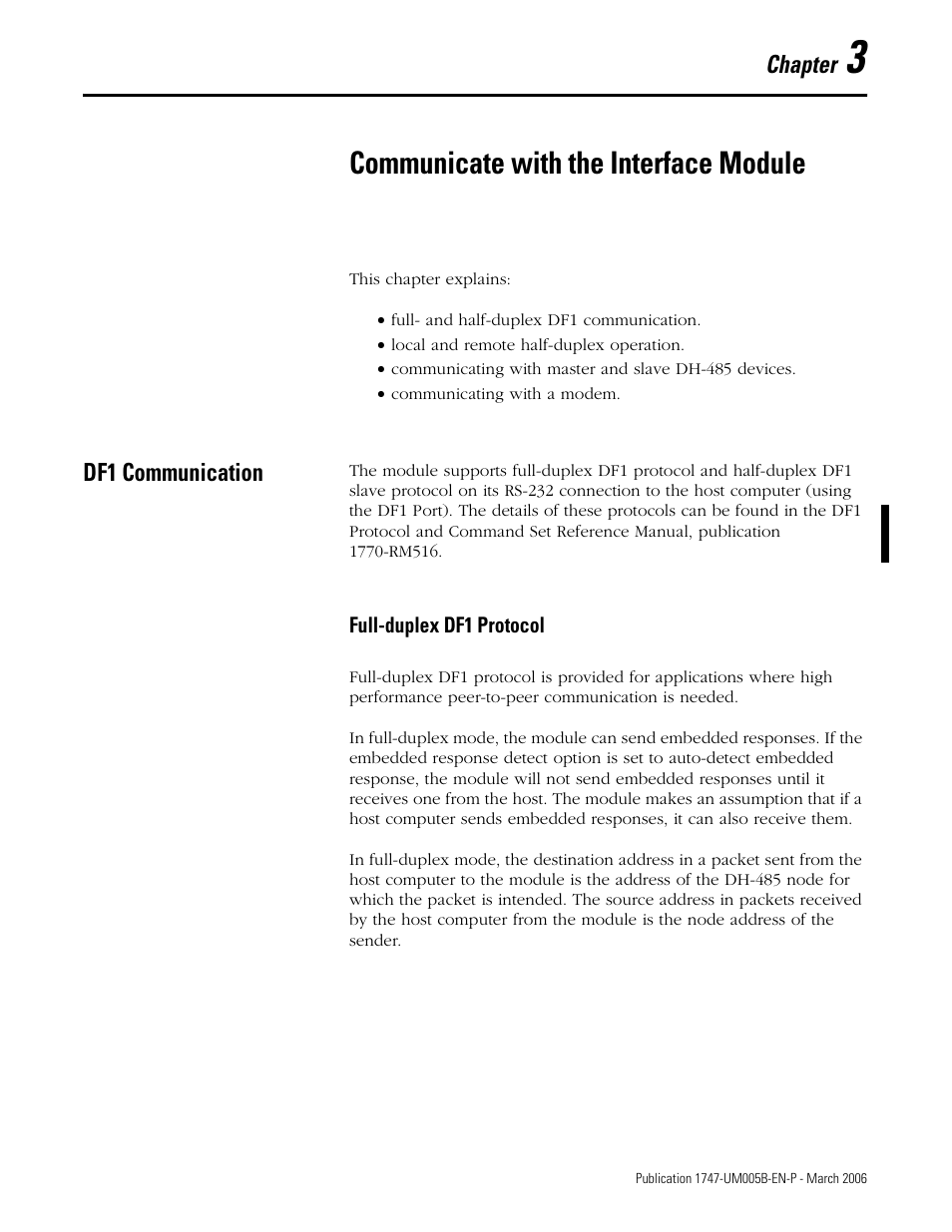 3 - communicate with the interface module, Communicate with the interface module, Df1 communication | Chapter 3, Df1 communication -1, Full-duplex df1 protocol -1 | Rockwell Automation 1747-KE,D17476.12 DH-485/RS-232C Interface Module User Manual | Page 27 / 139