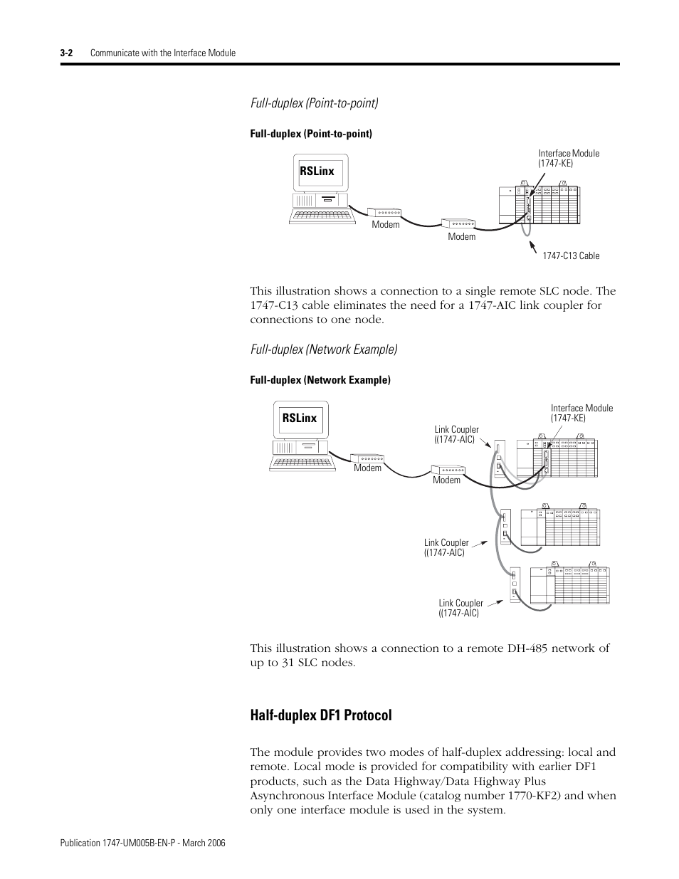 Full-duplex (point-to-point), Full-duplex (network example), Half-duplex df1 protocol -2 | Half-duplex df1 protocol | Rockwell Automation 1747-KE,D17476.12 DH-485/RS-232C Interface Module User Manual | Page 28 / 139