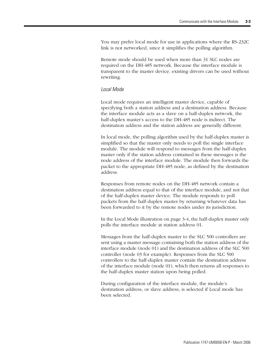 Local mode | Rockwell Automation 1747-KE,D17476.12 DH-485/RS-232C Interface Module User Manual | Page 29 / 139