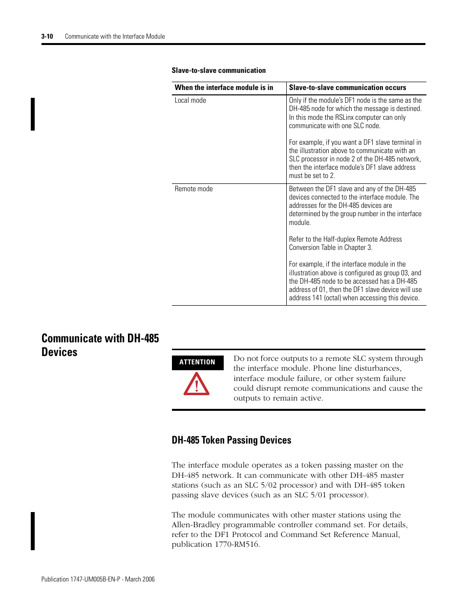 Slave-to-slave communication, Communicate with dh-485 devices, Communicate with dh-485 devices -10 | Dh-485 token passing devices -10, Dh-485 token passing devices | Rockwell Automation 1747-KE,D17476.12 DH-485/RS-232C Interface Module User Manual | Page 36 / 139