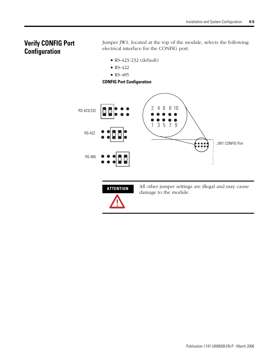 Verify config port configuration, Config port configuration, Verify config port configuration -5 | Rockwell Automation 1747-KE,D17476.12 DH-485/RS-232C Interface Module User Manual | Page 43 / 139