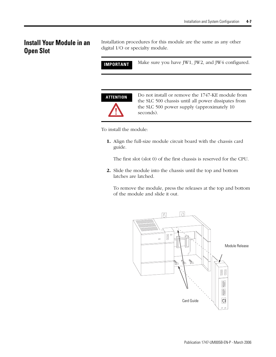 Install your module in an open slot, Install your module in an open slot -7 | Rockwell Automation 1747-KE,D17476.12 DH-485/RS-232C Interface Module User Manual | Page 45 / 139