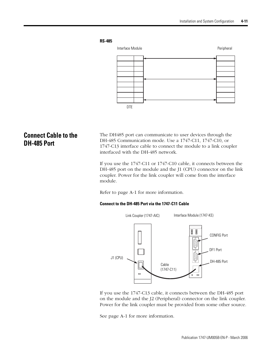 Rs-485, Connect cable to the dh-485 port, Connect to the dh-485 port via the 1747-c11 cable | Connect cable to the dh-485 port -11 | Rockwell Automation 1747-KE,D17476.12 DH-485/RS-232C Interface Module User Manual | Page 49 / 139