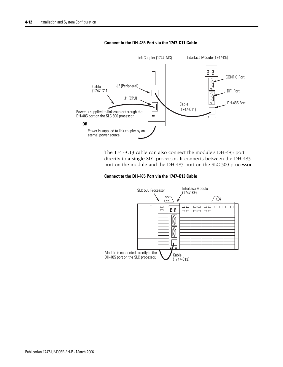 Connect to the dh-485 port via the 1747-c11 cable, Connect to the dh-485 port via the 1747-c13 cable | Rockwell Automation 1747-KE,D17476.12 DH-485/RS-232C Interface Module User Manual | Page 50 / 139