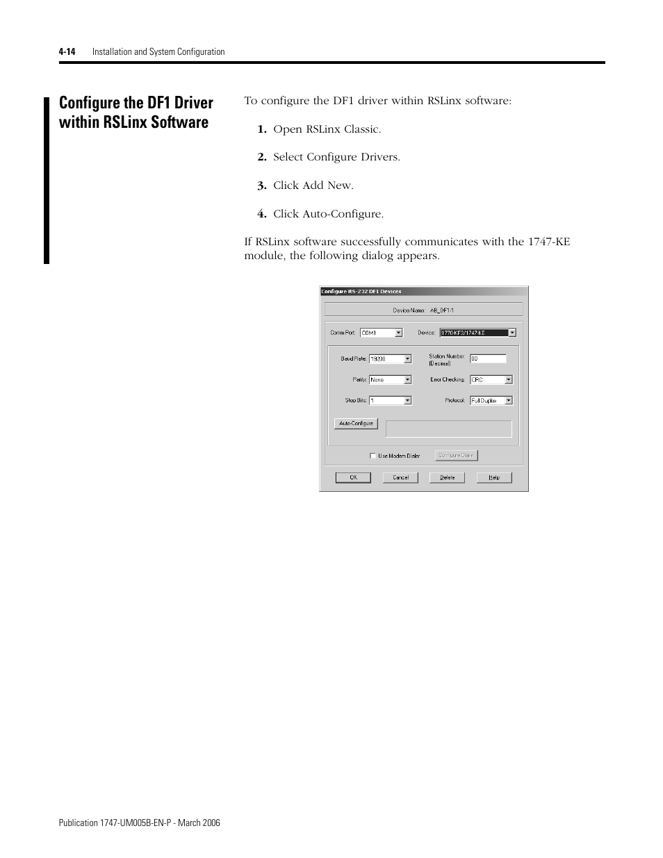 Configure the df1 driver within rslinx software | Rockwell Automation 1747-KE,D17476.12 DH-485/RS-232C Interface Module User Manual | Page 52 / 139