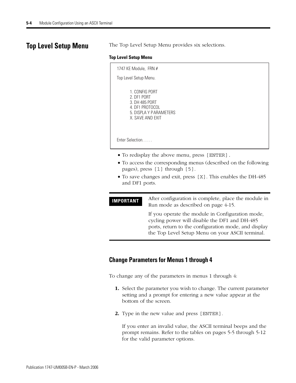 Top level setup menu, Top level setup menu -4, Change parameters for menus 1 through 4 -4 | Change parameters for menus 1 through 4 | Rockwell Automation 1747-KE,D17476.12 DH-485/RS-232C Interface Module User Manual | Page 58 / 139