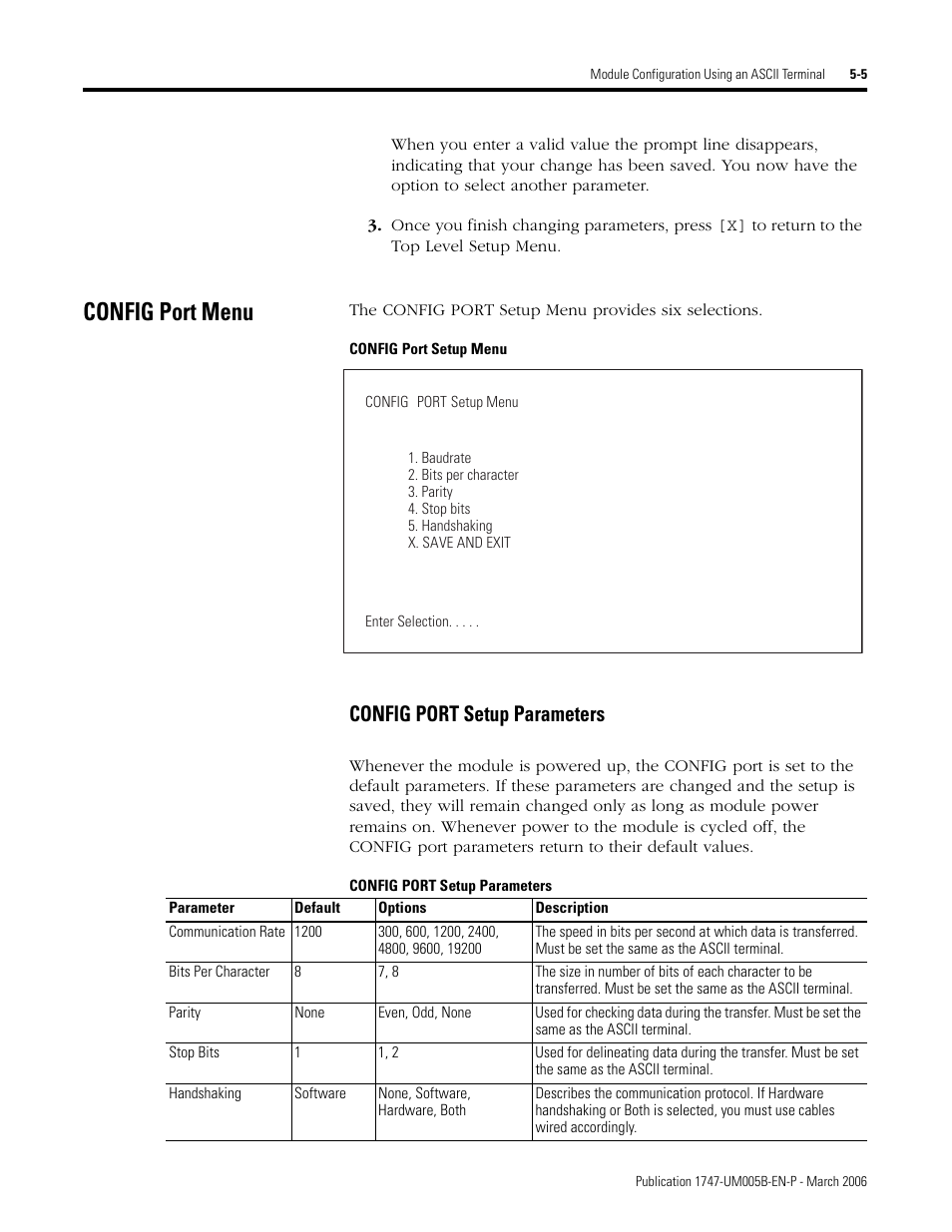 Config port menu, Config port setup menu, Config port setup parameters | Config port menu -5, Config port setup parameters -5 | Rockwell Automation 1747-KE,D17476.12 DH-485/RS-232C Interface Module User Manual | Page 59 / 139