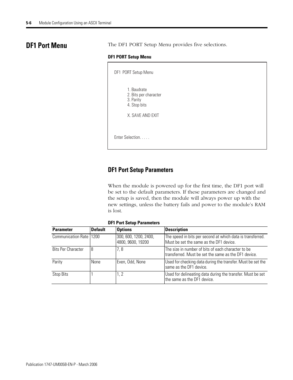 Df1 port menu, Df1 port setup menu, Df1 port setup parameters | Df1 port menu -6, Df1 port setup parameters -6 | Rockwell Automation 1747-KE,D17476.12 DH-485/RS-232C Interface Module User Manual | Page 60 / 139