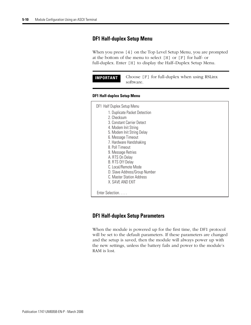 Df1 half-duplex setup menu, Df1 half-duplex setup parameters | Rockwell Automation 1747-KE,D17476.12 DH-485/RS-232C Interface Module User Manual | Page 64 / 139