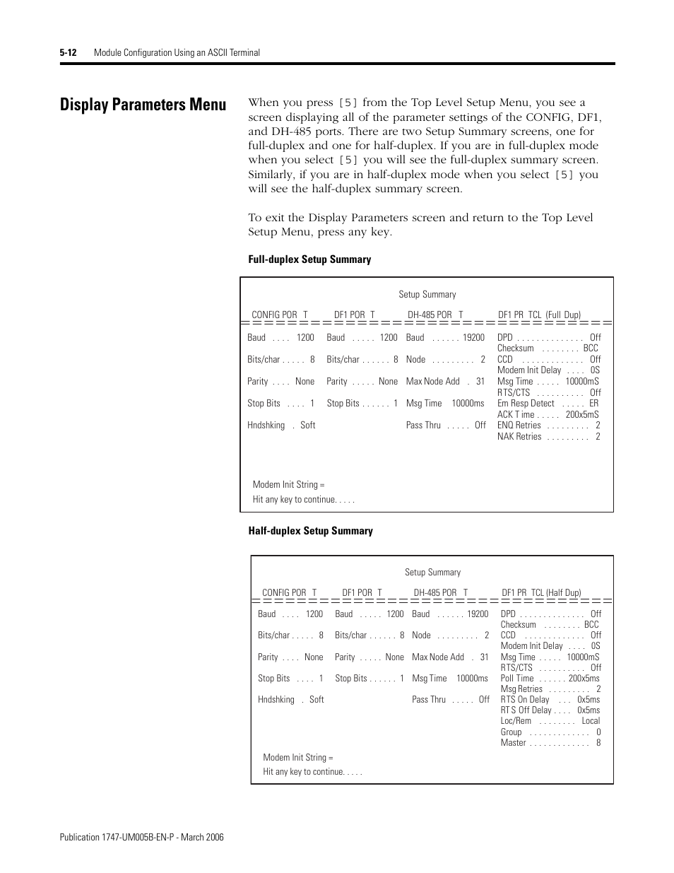 Display parameters menu, Full-duplex setup summary, Half-duplex setup summary | Display parameters menu -12 | Rockwell Automation 1747-KE,D17476.12 DH-485/RS-232C Interface Module User Manual | Page 66 / 139