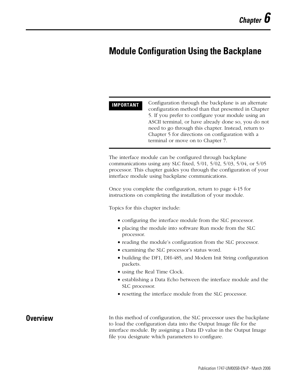 6 - module configuration using the backplane, Module configuration using the backplane, Overview | Chapter 6, Overview -1, Chapter | Rockwell Automation 1747-KE,D17476.12 DH-485/RS-232C Interface Module User Manual | Page 67 / 139