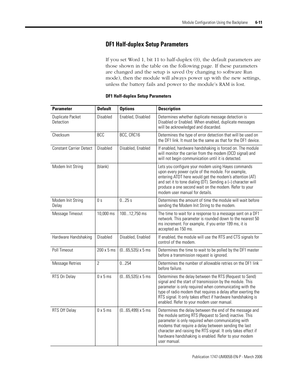 Df1 half-duplex setup parameters, Df1 half-duplex setup parameters -11 | Rockwell Automation 1747-KE,D17476.12 DH-485/RS-232C Interface Module User Manual | Page 77 / 139