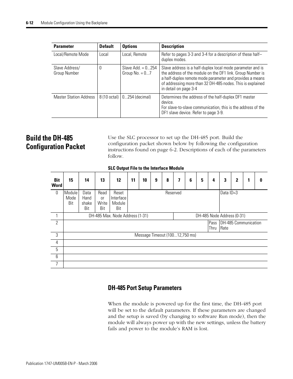 Build the dh-485 configuration packet, Slc output file to the interface module, Build the dh-485 configuration packet -12 | Dh-485 port setup parameters -12, Dh-485 port setup parameters | Rockwell Automation 1747-KE,D17476.12 DH-485/RS-232C Interface Module User Manual | Page 78 / 139