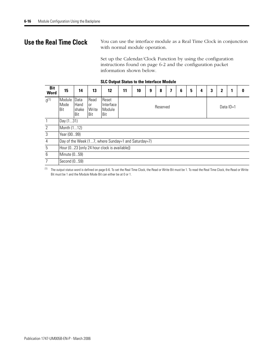 Use the real time clock, Slc output status to the interface module, Use the real time clock -16 | Rockwell Automation 1747-KE,D17476.12 DH-485/RS-232C Interface Module User Manual | Page 82 / 139