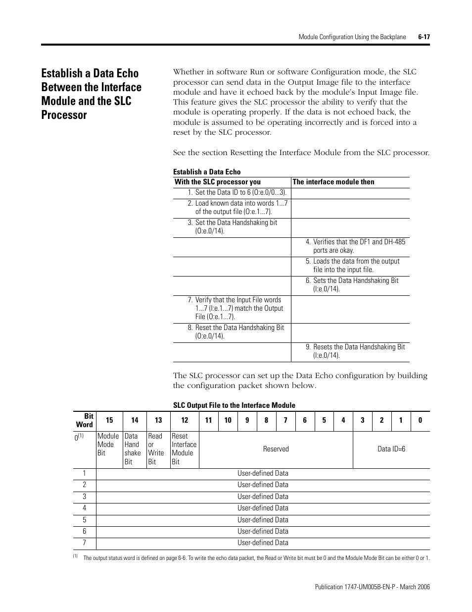 Establish a data echo, Slc output file to the interface module | Rockwell Automation 1747-KE,D17476.12 DH-485/RS-232C Interface Module User Manual | Page 83 / 139