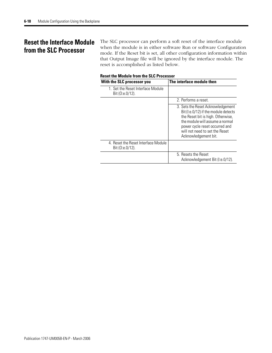 Reset the interface module from the slc processor, Reset the module from the slc processor | Rockwell Automation 1747-KE,D17476.12 DH-485/RS-232C Interface Module User Manual | Page 84 / 139