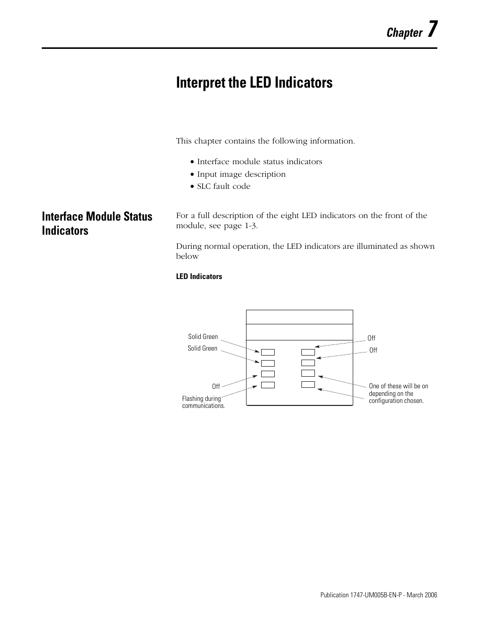 7 - interpret the led indicators, Interpret the led indicators, Interface module status indicators | Led indicators, Chapter 7, Interface module status indicators -1, Chapter | Rockwell Automation 1747-KE,D17476.12 DH-485/RS-232C Interface Module User Manual | Page 85 / 139