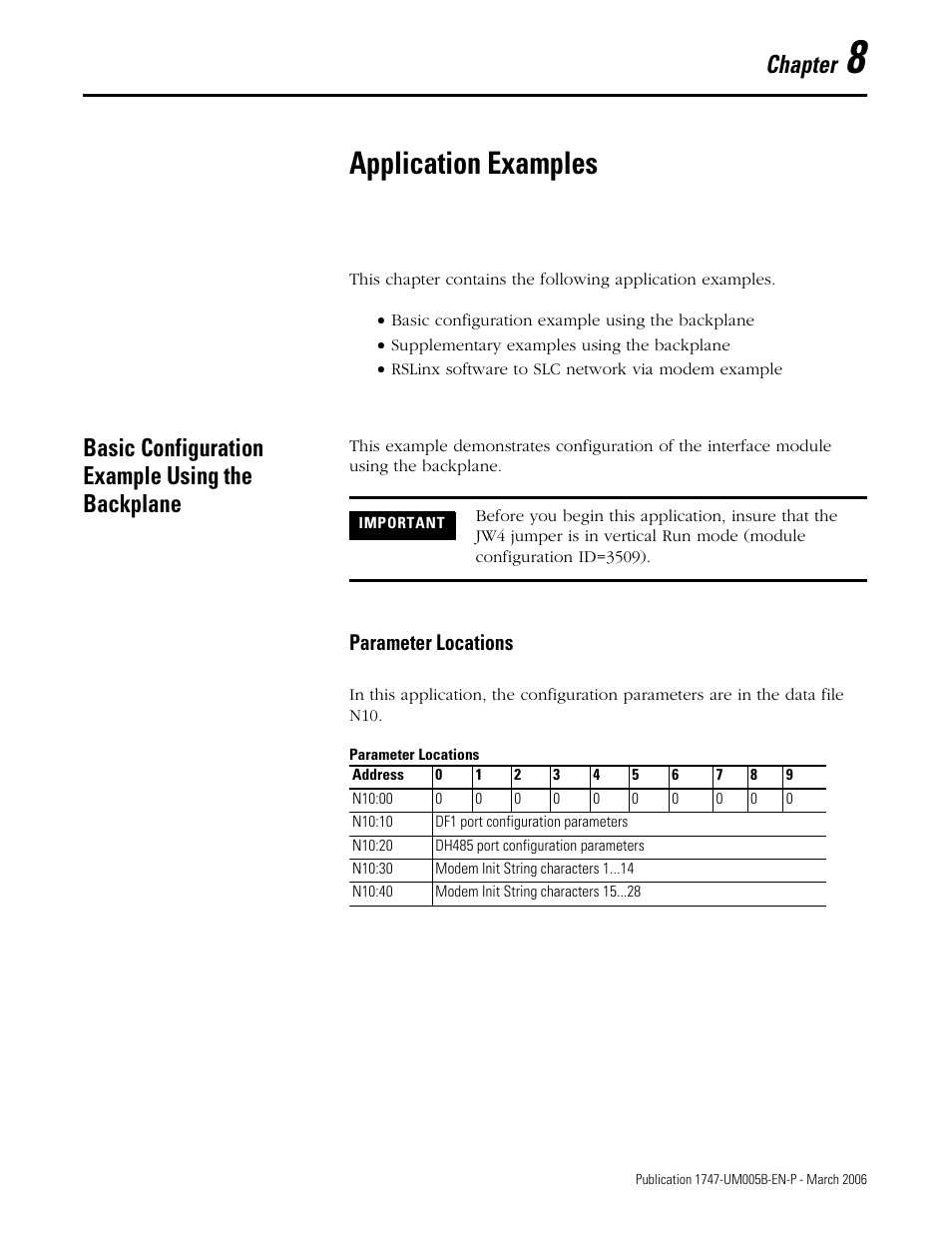 8 - application examples, Application examples, Basic configuration example using the backplane | Parameter locations, Chapter 8, Basic configuration example using the backplane -1, Parameter locations -1, Chapter | Rockwell Automation 1747-KE,D17476.12 DH-485/RS-232C Interface Module User Manual | Page 89 / 139