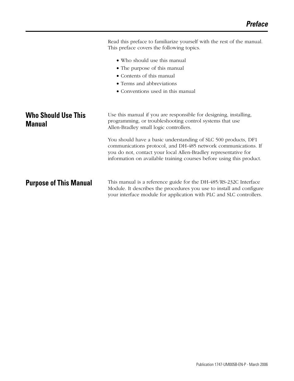 Preface, Purpose of this manual, Who should use this manual | Rockwell Automation 1747-KE,D17476.12 DH-485/RS-232C Interface Module User Manual | Page 9 / 139