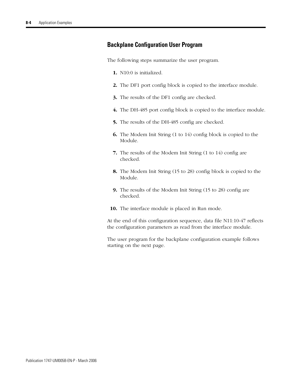 Backplane configuration user program -4, Backplane configuration user program | Rockwell Automation 1747-KE,D17476.12 DH-485/RS-232C Interface Module User Manual | Page 92 / 139