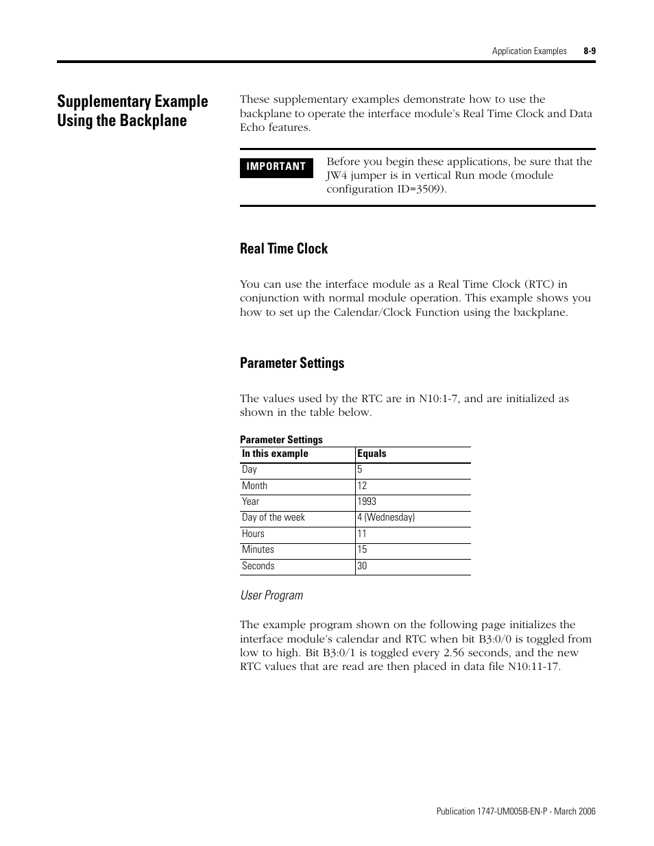 Supplementary example using the backplane, Parameter settings, User program | Supplementary example using the backplane -9, Real time clock -9 parameter settings -9, Real time clock | Rockwell Automation 1747-KE,D17476.12 DH-485/RS-232C Interface Module User Manual | Page 97 / 139