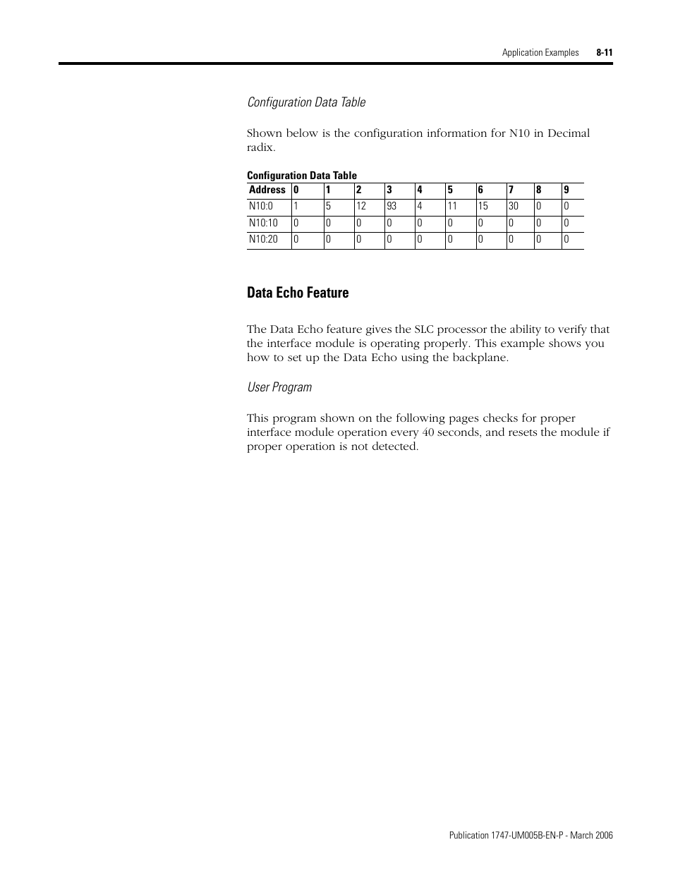 Configuration data table, User program, Data echo feature -11 | Data echo feature | Rockwell Automation 1747-KE,D17476.12 DH-485/RS-232C Interface Module User Manual | Page 99 / 139