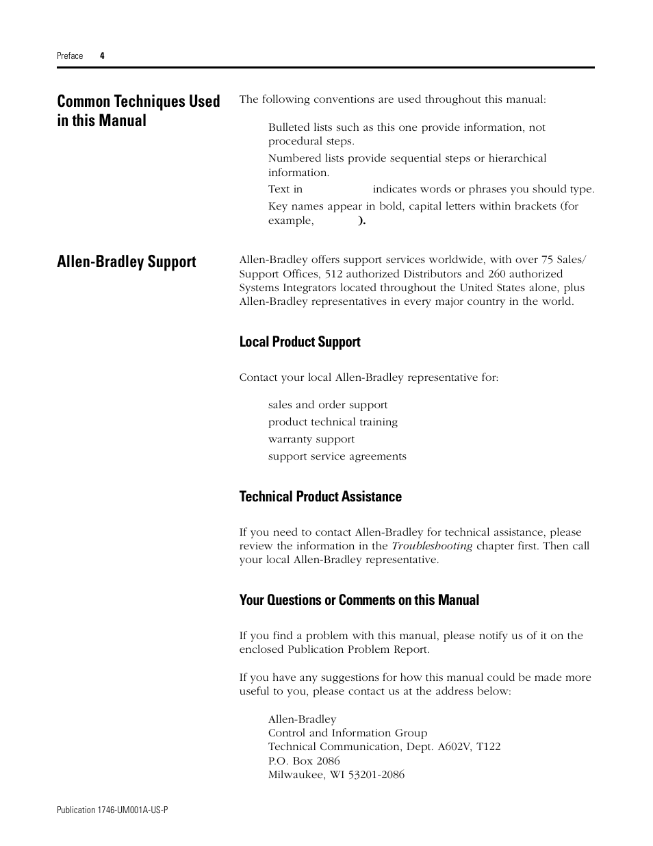 Common techniques used in this manual, Allen-bradley support, Local product support | Technical product assistance, Your questions or comments on this manual | Rockwell Automation 1746-NI16V SLC 500 Analog Input Modules User Manual User Manual | Page 10 / 120