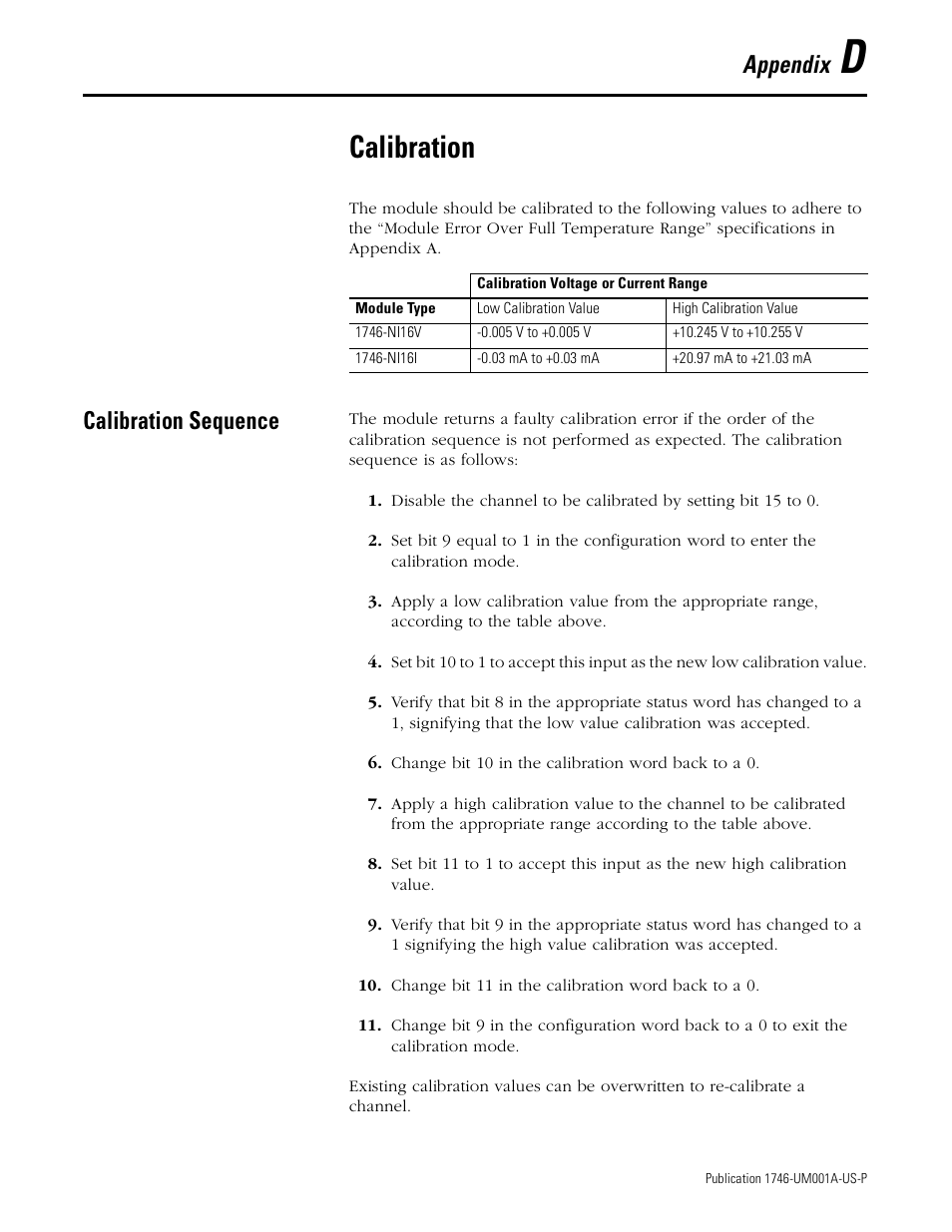 Calibration, Calibration sequence, Appendix d | Appendix | Rockwell Automation 1746-NI16V SLC 500 Analog Input Modules User Manual User Manual | Page 109 / 120