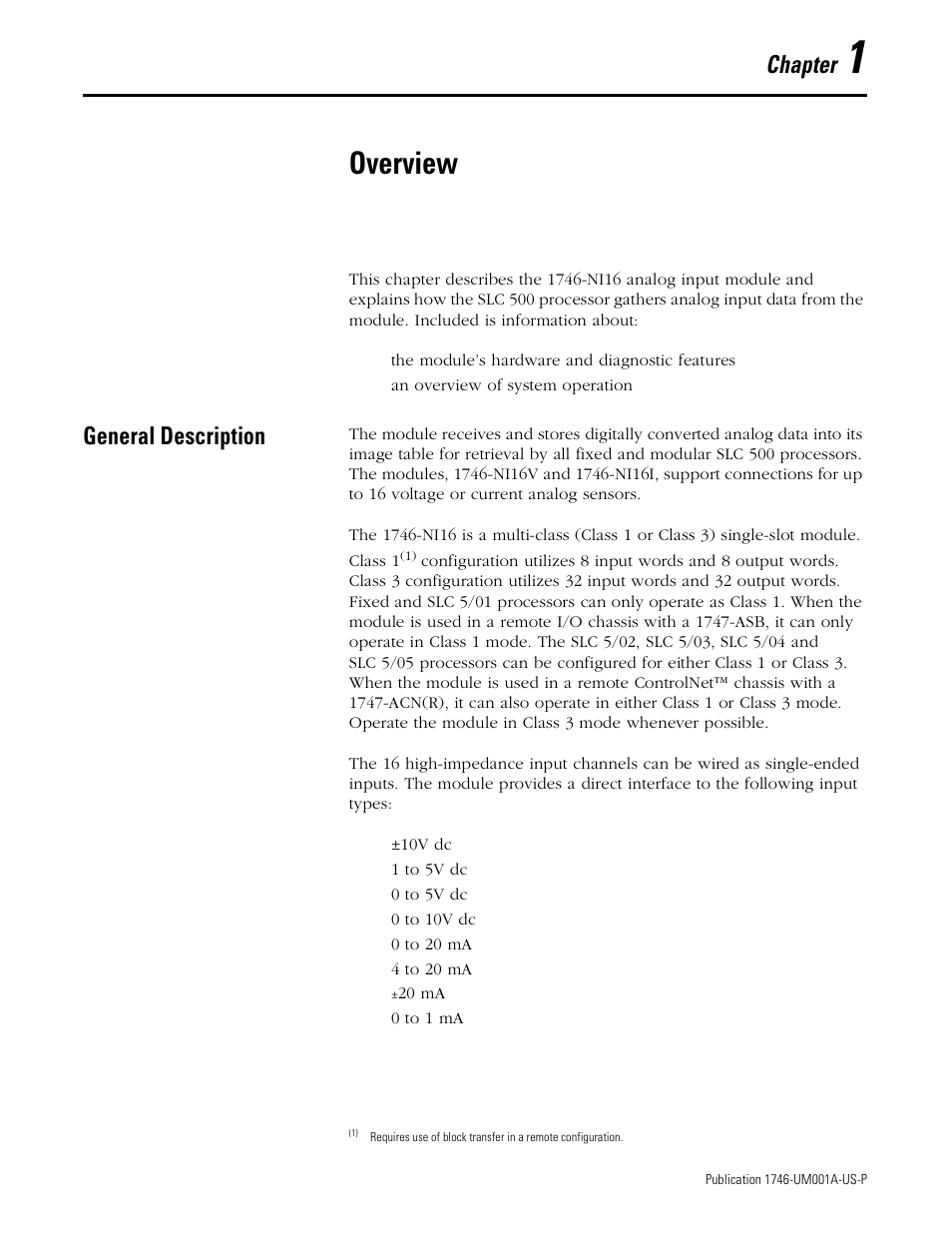 1 - overview, General description, Chapter 1 | Overview, General description -1, Chapter | Rockwell Automation 1746-NI16V SLC 500 Analog Input Modules User Manual User Manual | Page 11 / 120