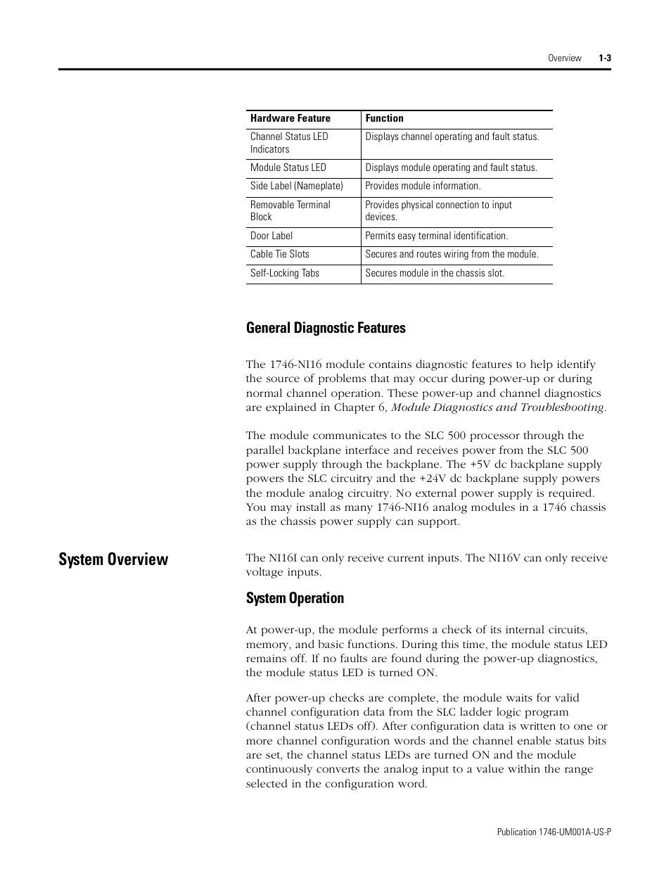 System overview, General diagnostic features -3, System overview -3 | System operation -3, General diagnostic features, System operation | Rockwell Automation 1746-NI16V SLC 500 Analog Input Modules User Manual User Manual | Page 13 / 120