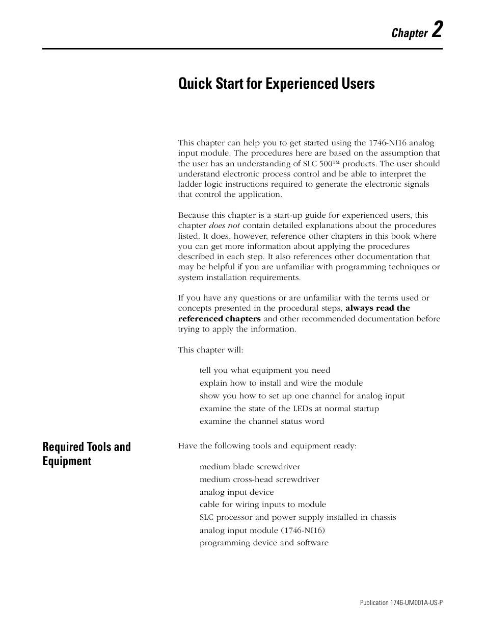 2 - quick start for experienced users, Required tools and equipment, Chapter 2 | Quick start for experienced users, Required tools and equipment -1, Chapter | Rockwell Automation 1746-NI16V SLC 500 Analog Input Modules User Manual User Manual | Page 15 / 120