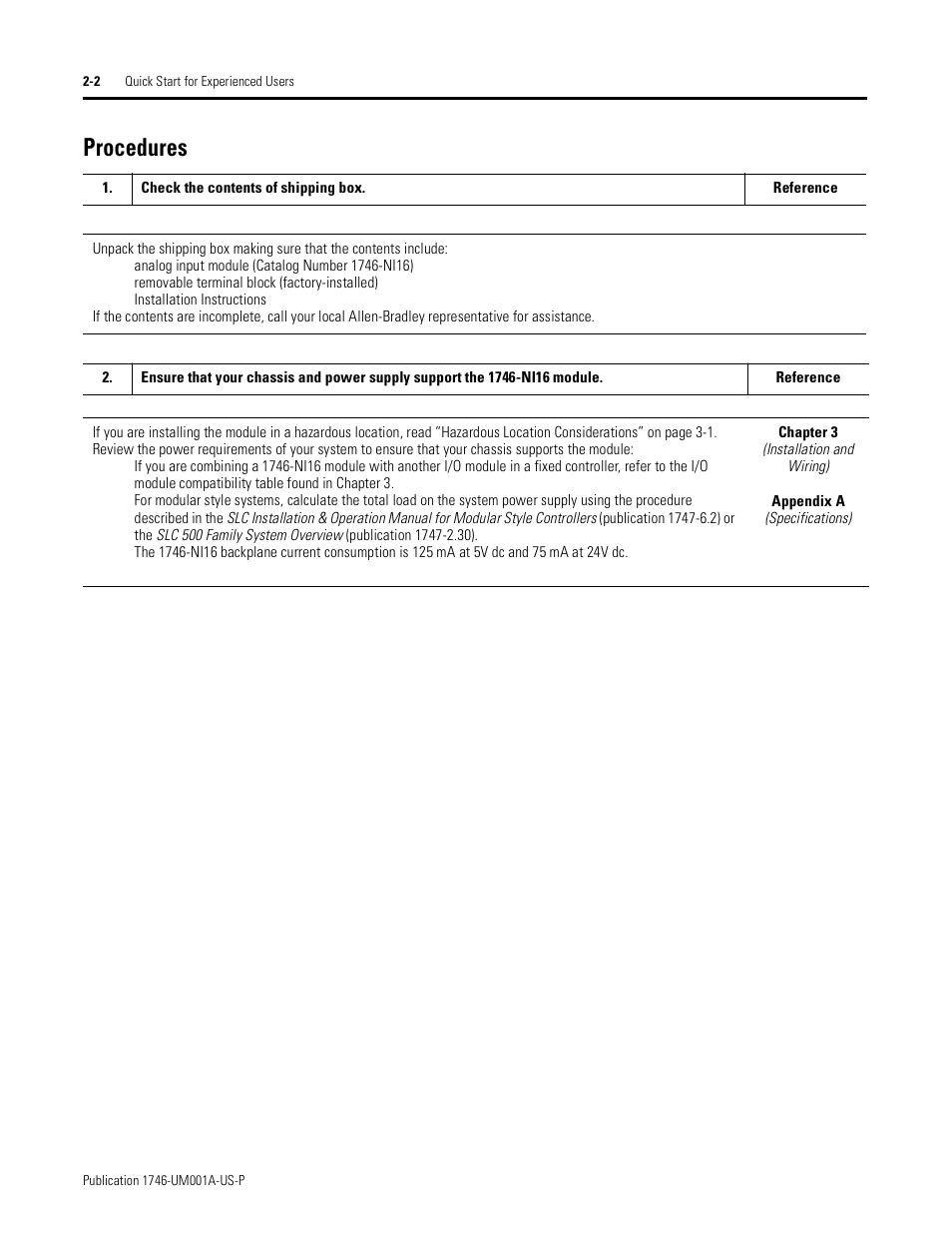 Procedures, Procedures -2 | Rockwell Automation 1746-NI16V SLC 500 Analog Input Modules User Manual User Manual | Page 16 / 120