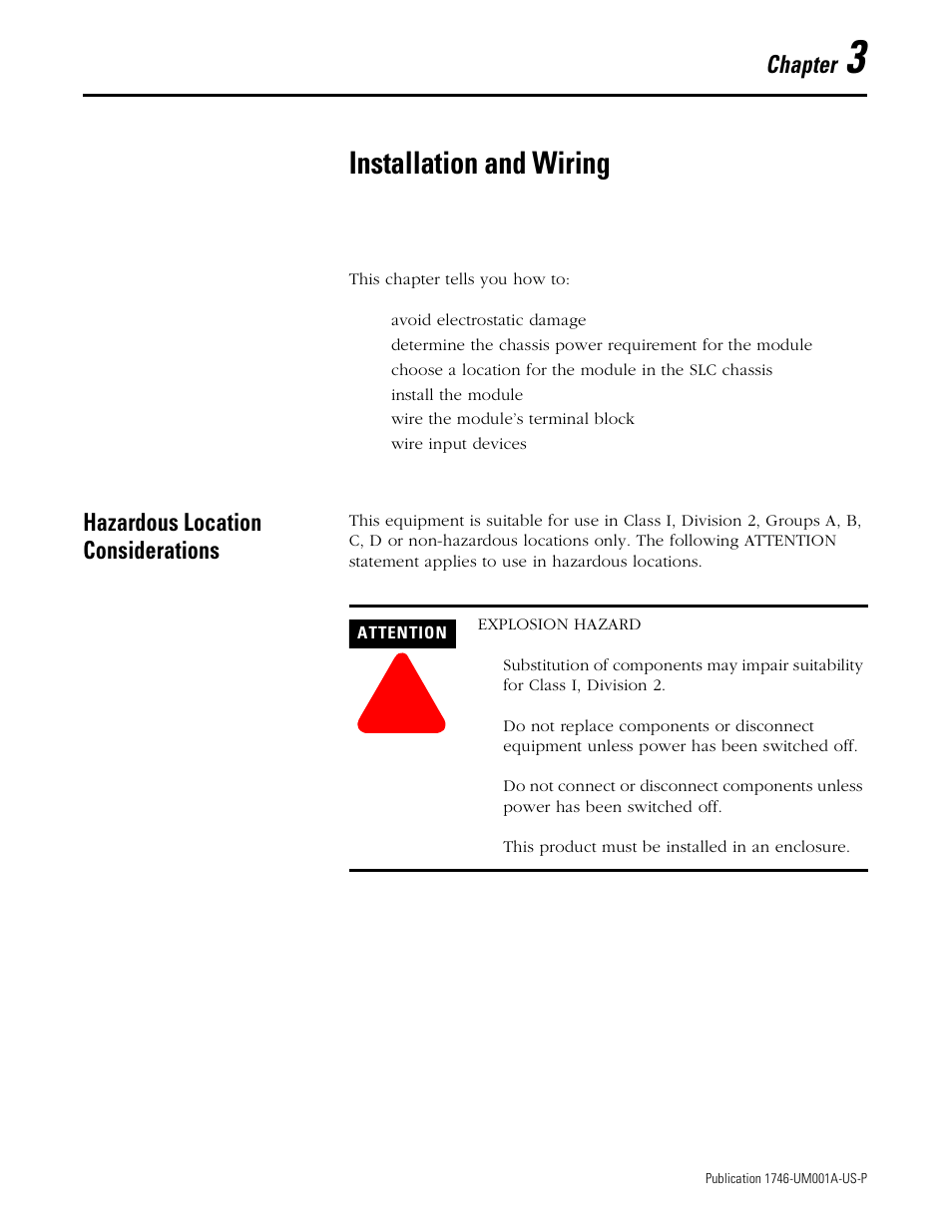 3 - installation and wiring, Hazardous location considerations, Chapter 3 | Installation and wiring, Hazardous location considerations -1, Chapter | Rockwell Automation 1746-NI16V SLC 500 Analog Input Modules User Manual User Manual | Page 23 / 120
