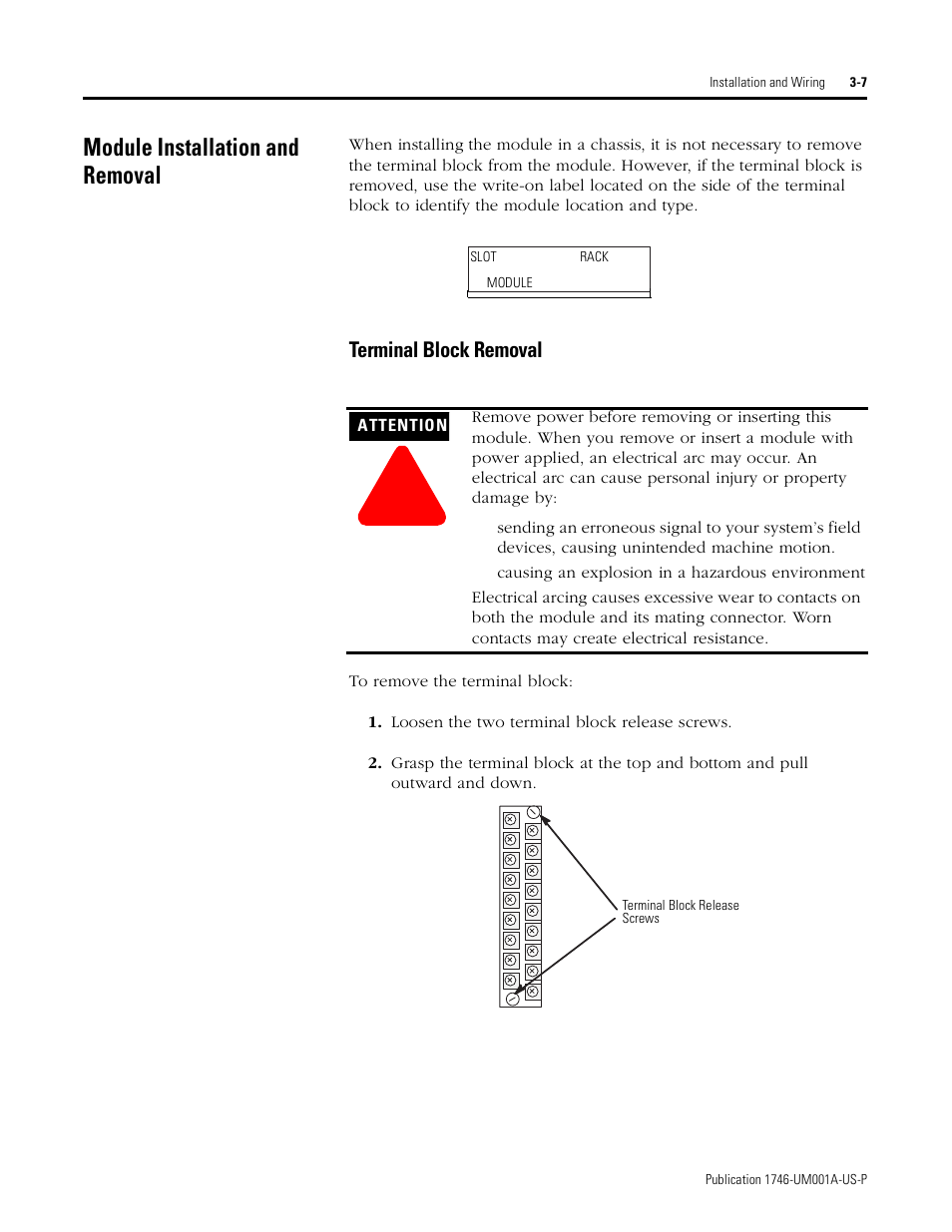 Module installation and removal, Module installation and removal -7, Terminal block removal -7 | Rockwell Automation 1746-NI16V SLC 500 Analog Input Modules User Manual User Manual | Page 29 / 120