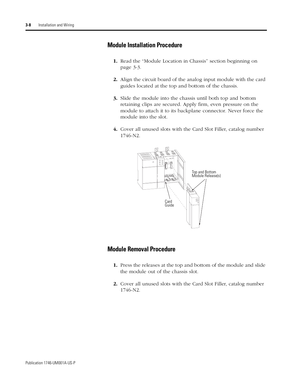 Module installation procedure, Module removal procedure | Rockwell Automation 1746-NI16V SLC 500 Analog Input Modules User Manual User Manual | Page 30 / 120