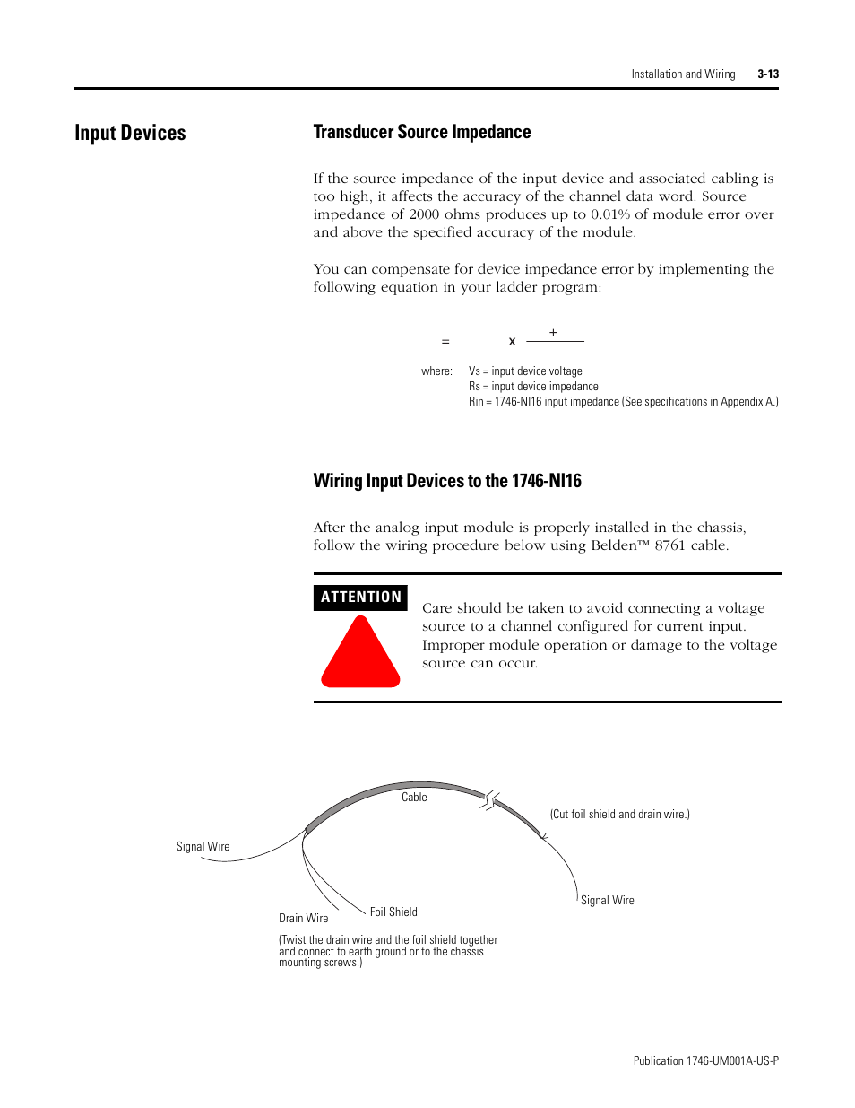 Input devices, Input devices -13, Transducer source impedance | Rockwell Automation 1746-NI16V SLC 500 Analog Input Modules User Manual User Manual | Page 35 / 120