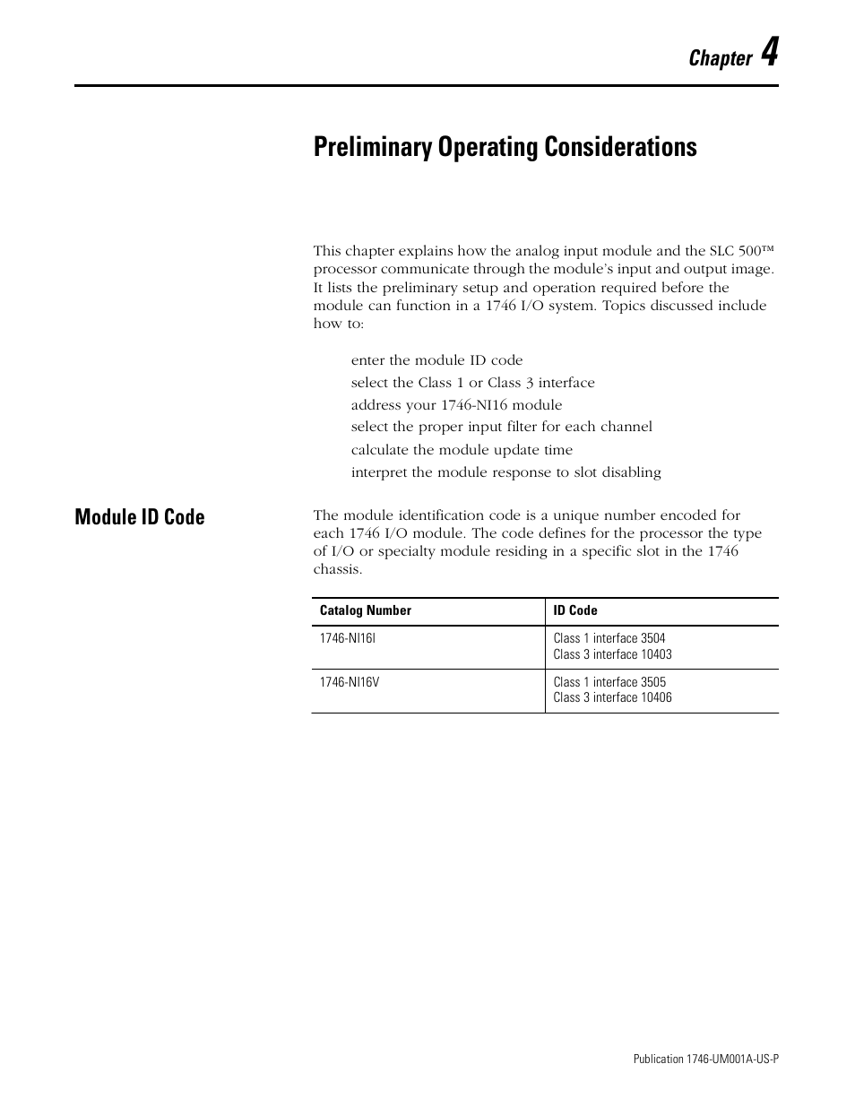 4 - preliminary operating considerations, Module id code, Chapter 4 | Preliminary operating considerations, Module id code -1, Chapter | Rockwell Automation 1746-NI16V SLC 500 Analog Input Modules User Manual User Manual | Page 37 / 120
