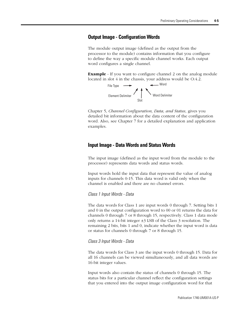 Output image - configuration words, Input image - data words and status words | Rockwell Automation 1746-NI16V SLC 500 Analog Input Modules User Manual User Manual | Page 41 / 120