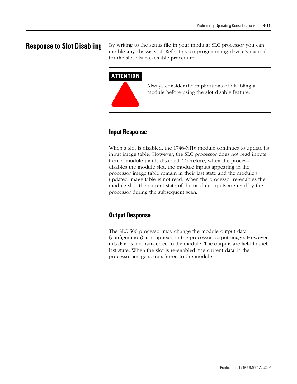 Response to slot disabling, Response to slot disabling -11, Input response -11 output response -11 | Rockwell Automation 1746-NI16V SLC 500 Analog Input Modules User Manual User Manual | Page 47 / 120