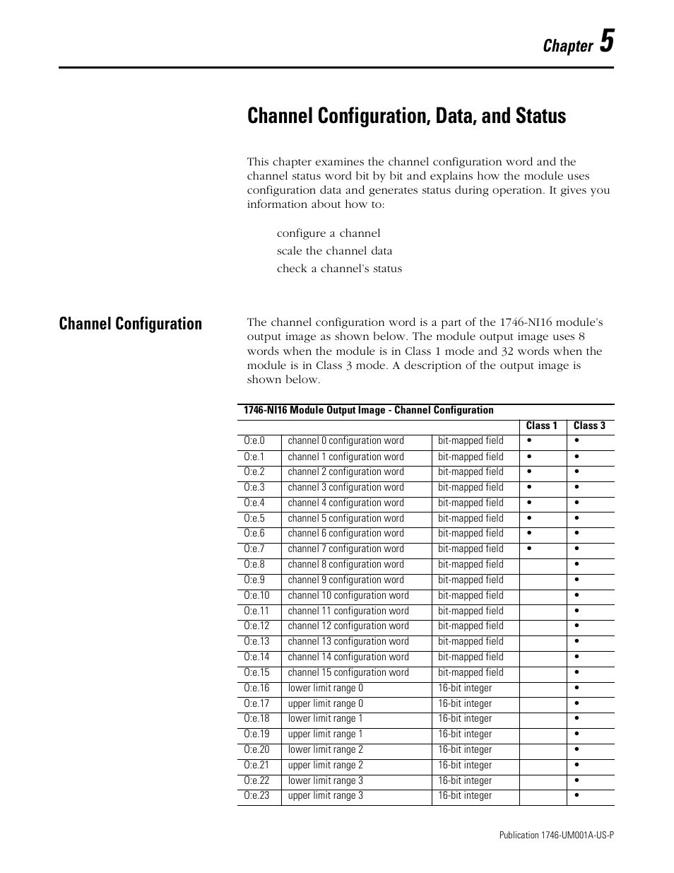 5 - channel configuration, data, and status, Channel configuration, Chapter 5 | Channel configuration, data, and status, Channel configuration -1, Chapter | Rockwell Automation 1746-NI16V SLC 500 Analog Input Modules User Manual User Manual | Page 49 / 120